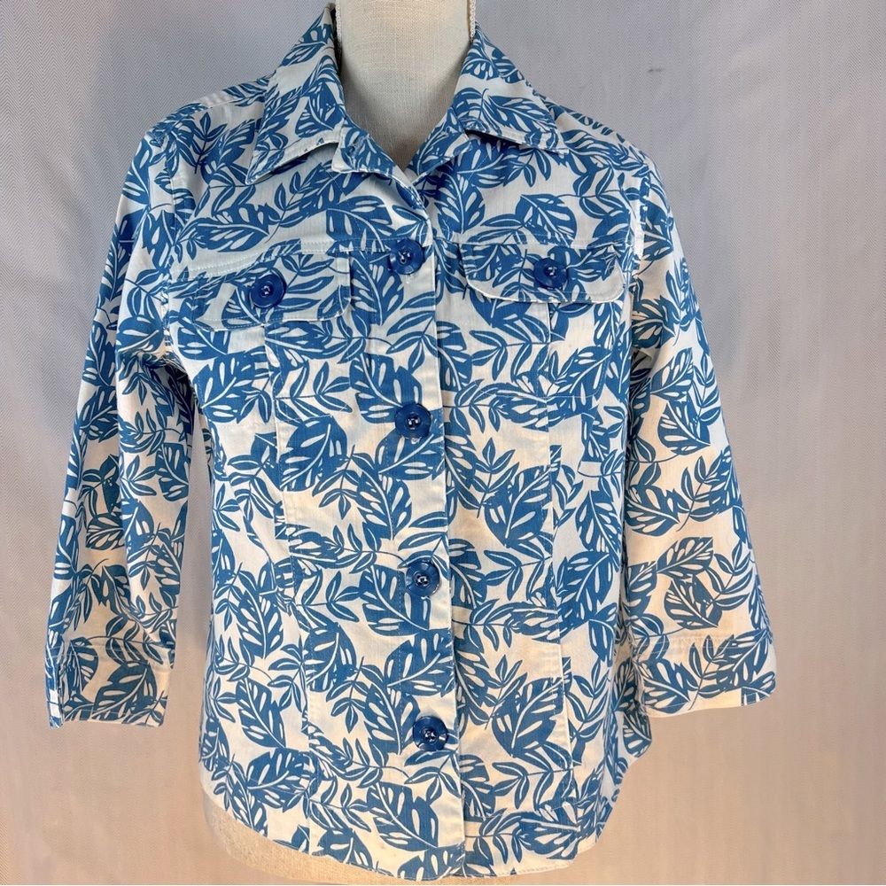 Napa Valley Vintage Blue & White Tropical Leaf Lightweight Jean Jacket S👍